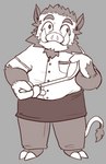 anthro chef_uniform kitchen_utensils ladle male solo tail tools tusks mousesix minotaur_hotel khenbish_(minotaur_hotel) mammal suid suine sus_(pig) wild_boar hi_res