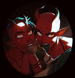 collaborative collaborative_fellatio collaborative_oral collaborative_sex duo_focus ear_piercing erection fellatio female genitals group group_sex horn human_on_humanoid humanoid_pointy_ears interspecies long_tongue male male/female nipple_piercing nipples not_furry oral penile penis piercing pointy_ears red_body red_skin sex threesome tongue tongue_out tongue_piercing tonguejob trio undercut incase demon demon_humanoid horned_humanoid human humanoid mammal hi_res