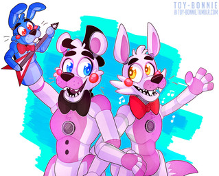 anthro bow_(feature) bow_tie duo_focus group machine puppet toy-bonnie five_nights_at_freddy's scottgames sister_location funtime_foxy_(fnaf) funtime_freddy_(fnafsl) puppet_bonnie_(fnafsl) animate_inanimate animatronic bear canid canine fox lagomorph leporid mammal rabbit robot 2018 digital_media_(artwork)