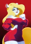 anthro big_breasts breasts clothed clothing female hand_on_hip jewelry looking_at_viewer necklace off_shoulder one_eye_closed solo wink tovio_rogers animaniacs warner_brothers minerva_mink mammal mink mustelid musteline true_musteline 2020 half-length_portrait hi_res portrait