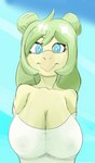 anthro areola_outline barely_visible_nipples big_breasts blue_background blue_eyes breasts clothing eyelashes female green_body green_hair green_scales hair hair_bun long_hair looking_at_viewer low_cut_shirt neutral_expression nipple_outline nipples scales shirt simple_background solo topwear unknown_artist cavemanon_studios goodbye_volcano_high snoot_game stella_(gvh_beta) dinosaur ornithischian prehistoric_species reptile scalie stegosaurian stegosaurus thyreophoran absurd_res colored hi_res