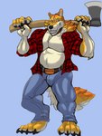 4_toes anthro axe belt biped black_nose blue_background blue_eyes bottomwear claws clothed clothing countershade_torso countershading denim denim_bottomwear denim_clothing digitigrade fangs feet flannel flannel_shirt fur grin holding_axe holding_object jeans lumber male melee_weapon musclegut muscular muscular_anthro muscular_male nipples open_clothing open_shirt open_topwear pants pink_nipples shirt simple_background smile solo teeth toe_claws toes topwear weapon white_body white_fur yellow_body yellow_fur heartlessfang mythology canid canine canis mammal mythological_canine mythological_creature were werecanid werecanine werewolf wolf 2022 3:4 hi_res