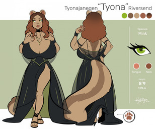 anthro big_breasts bracelet breasts brown_body brown_fur brown_hair choker cleavage clothed clothing corset dress female footwear fur green_eyes hair hand_in_hair hand_on_chest high_heels huge_breasts jewelry lingerie long_hair looking_away necklace pawpads pendant shoes slit_dress smile smirk solo striped_body striped_fur stripes tail topwear touching_hair nightargen tyona_riversend american_mink mammal mink mustelid musteline neovison true_musteline hi_res
