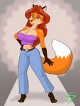 anthro barefoot bedroom_eyes belt big_breasts bottomwear breasts chest_tuft clothed clothing feet female fur hair hand_on_hip long_hair looking_at_viewer narrowed_eyes navel nipple_outline orange_body orange_fur pants red_hair seductive solo standing topwear tube_top tuft sparkpad sheila_vixen canid canine fox mammal 3:4 hi_res