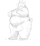 anthro antlers belly blush fur horn male markings nude overweight solo spots spotted_body spotted_fur towel wet wet_body gabu2929 tamacolle kazusa deer mammal hi_res monochrome