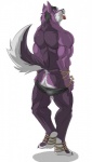 anthro biceps biped blue_eyes bodily_fluids bound butt clothed clothing clothing_pull digitigrade feet fur hindpaw looking_at_viewer looking_back looking_back_at_viewer male muscular muscular_anthro muscular_male panties panties_down partially_clothed paws pose purple_body purple_fur rear_view rope saliva simple_background solo standing striptease submissive submissive_male tail tongue tongue_out topless underwear underwear_down underwear_pull undressing white_background reclamon shyloc canid canine canis fox hybrid mammal wolf 2012 4:7