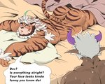 2020 absurd_res anthro bed bedding belly blanket blush bodily_fluids bovid bovine butt cattle duo english_text eruprior felid furniture hi_res hombre_tigre_(tas) horn lifewonders lying male male/male mammal overweight overweight_male pantherine pillow shennong_(tas) sweat text tiger tokyo_afterschool_summoners
