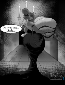 anthro armwear big_breasts big_butt breasts butt candelabra candle clothing dress ear_piercing eyebrows female fingers fishnet_armwear fishnet_clothing hair huge_breasts hyper hyper_breasts lit_candle looking_at_viewer looking_back looking_back_at_viewer piercing solo text thelazydreamer tenna_cale bear mammal 2025 english_text hi_res