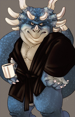 angry anthro beverage big_head blue_body bottomless bottomless_male claws clothed clothing coffee coffee_mug grey_eyes grumpy holding_coffee_mug horn light_belly long_tail male multi_horn muscular muscular_male pecs pose rough_skin silk_robe simple_background slightly_chubby slightly_chubby_male solo standing tail white_claws white_horn ravuer dinosaurs_(series) b.p._richfield ceratopsian ceratopsid chasmosaurine dinosaur marginocephalian ornithischian prehistoric_species reptile scalie triceratops absurd_res hi_res