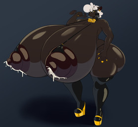5_fingers anthro big_breasts big_butt big_nipples black_background black_nipples bodily_fluids breasts butt clothing colored_nails ear_piercing eyebrows female fingers footwear high_heels huge_breasts huge_butt hyper hyper_breasts hyper_butt jewelry lactating legwear nails necklace nipples piercing shoes simple_background solo standing text thigh_highs yellow_eyes yellow_nails eikasianspire dolly_(jiqqy) bovid caprine mammal sheep absurd_res english_text hi_res