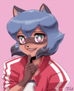 anthro black_hair blue_hair brown_body brown_fur clothing eyebrows eyelashes facial_markings female fur gloves_(marking) hair head_markings jacket looking_at_viewer markings mask_(marking) open_mouth open_smile shirt short_hair simple_background smile solo teal_eyes topwear track_jacket john_joseco brand_new_animal studio_trigger michiru_kagemori canid canine mammal raccoon_dog tanuki 2021 digital_media_(artwork) half-length_portrait hi_res portrait shaded