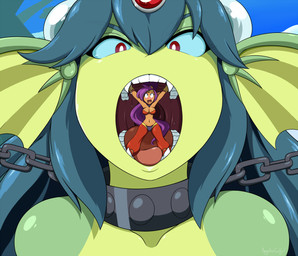 bodily_fluids bound breasts chain collar crown duo extreme_size_difference fangs female female_pred forced green_body green_hair green_skin hair headgear holding_mouth_open humanoid_pred imminent_oral_vore imminent_vore in_mouth larger_female larger_humanoid macro macro_female macro_humanoid monster_girl_(genre) mouth_shot navel open_mouth red_eyes saliva size_difference smaller_female smaller_humanoid split_form teeth tiara unwilling_prey vore angelthecatgirl shantae:_half-genie_hero shantae_(series) wayforward giga_mermaid shantae animal_humanoid aquatic aquatic_humanoid fish fish_humanoid genie human humanoid mammal merfolk digital_media_(artwork)