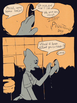 anthro apology bathroom bodily_fluids dialogue dripping duo female female_focus foreskin genital_fluids genitals glory_hole imminent_sex peeing penis public_restroom restroom_stall solo_focus speech_bubble text toilet urine urine_drip ev_bright cartoon_network the_amazing_world_of_gumball nicole_watterson domestic_cat felid feline felis mammal 3:4 absurd_res comic english_text hi_res