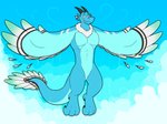 anthro blue_body cloud feathered_wings feathers featureless_crotch flying horn looking_at_viewer male muscular muscular_anthro muscular_male nude outside product7677 sky solo tail teeth white_body white_feathers wings kitsunekit mythology dragon mythological_creature mythological_scalie scalie 4:3 absurd_res hi_res