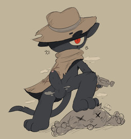 3_toes 4_fingers ambiguous_gender anthro balls biped black_balls black_body black_fur black_penis black_tail bottomless bottomless_anthro bottomless_male clothed clothed_anthro clothed_male clothing cross-popping_vein duo erection eye_scar facial_scar feet fingers foot_on_head foreskin fur genitals glans gun handgun hat headgear headwear holding_gun holding_handgun holding_object holding_ranged_weapon holding_revolver holding_weapon humanoid_genitalia humanoid_penis looking_at_viewer male male/ambiguous male_anthro mismatched_genitalia mismatched_humanoid_penis mismatched_penis partially_retracted_foreskin pawpads penis pink_glans poncho pupils ranged_weapon red_eyes revolver scar simple_background slit_pupils solo_focus standing tail tan_clothing tan_hat tan_headwear toes tongue tongue_out weapon x_eyes oob mewgenics zodiac_(mewgenics) domestic_cat felid feline felis mammal 2026 digital_drawing_(artwork) digital_media_(artwork) hi_res
