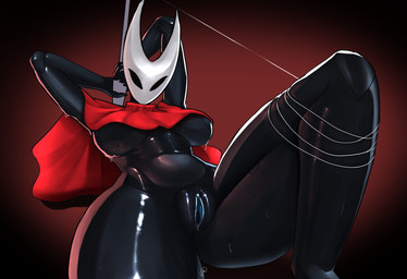 anthro big_breasts black_body black_eyes bodily_fluids breasts cloak cloak_only clothing female genitals glistening glistening_genitalia glistening_thighs glistening_vulva holding_melee_weapon holding_object holding_weapon hornet's_needle lying melee_weapon mouthless nipples non-mammal_breasts non-mammal_nipples on_back red_cloak red_clothing solo sweat thick_thighs thread vulva weapon zenfry hollow_knight_(franchise) team_cherry hornet_(hollow_knight) arthropod hi_res