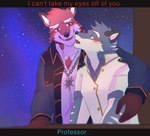 anthro blue_body blush chest_tuft clothed clothing duo fully_clothed male male/male romantic sky star starry_sky student teacher teacher_and_student text tuft kemmuono knights_college argo_northrop diederich_olsen canid canine fox mammal hi_res