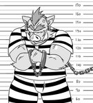 angry anthro belly bottomwear bound chain chained clothing kemono male pants shirt slightly_chubby solo topwear oogamikennta mammal suid suine sus_(pig) wild_boar 2009 monochrome