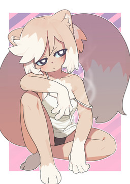 anthro barefoot barely_visible_underwear blush breasts cigarette clothed clothed_anthro clothed_female clothing feet female female_anthro fur hair kemono panties partially_visible_underwear smoking solo tail underwear i3un2 sam_(rolo_stuff) domestic_ferret mammal mustelid musteline true_musteline weasel 2023 digital_media_(artwork) hi_res