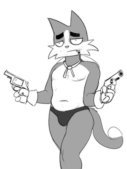 anthro cigarette clothing fur grey_body grey_fur gun handgun male mature_anthro mature_male multicolored_body multicolored_fur nipples ranged_weapon revolver simple_background solo stubble two_tone_body two_tone_fur underwear weapon white_background white_body white_fur zambs litterbox_comics joel_(litterbox_comics) domestic_cat felid feline felis mammal 2021 3:4 hi_res monochrome