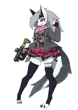 anthro assault_rifle bottomwear bulletproof_vest cellphone clothing electronics eyebrows eyelashes female fur grey_body grey_fur grey_hair gun gun_holster hair inner_ear_fluff jacket legwear phone ranged_weapon red_sclera rifle scarf skirt smartphone solo thigh_highs toeless_legwear topwear tuft weapon white_body white_fur shu_stella hellaverse helluva_boss mythology loona_(helluva_boss) canid canid_demon canine demon hellhound mammal mythological_canine mythological_creature 2025 absurd_res hi_res