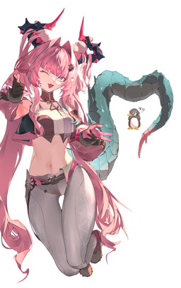 accessory arm_outstretched belt bent_legs black_bra black_clothing black_gloves black_handwear black_underwear blue_eyes bottomwear bra breasts clothing cute_fangs duo fangs female female_humanoid footwear gloves grey_clothing grey_footwear grey_shoes hair hair_accessory handwear heart_symbol highlights_(coloring) horn long_hair medium_breasts midair midriff navel one_eye_closed open_mouth pants pigtails pink_hair pointy_ears prick_ears shoes simple_background solo_focus tail tail_scales teeth underwear white_background white_bottomwear white_clothing white_pants vikien arknights_endfield mythology endministrator_(arknights) yvonne_(arknights) animal_humanoid avian bird dragon dragon_humanoid horned_humanoid humanoid mythological_creature mythological_scalie penguin scalie absurd_res hi_res