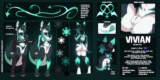 anthro anus areola black_body black_fur black_hair blue_anus blue_areola blue_insides blue_nipples blue_pawpads blue_tongue blue_vulva bow_tie breasts butt claws countershading eyewear female fox_ears fox_tail fur genitals glasses glasses_chain green_anus green_body green_eyes green_fur green_hair green_lipstick green_vulva hair lipstick makeup multicolored_body multicolored_fur multicolored_hair navel nipples nude nude_anthro nude_female pawpads paws snowflake_pattern solo tail text tongue unusual_insides vaginal vulva wearing_glasses white_body white_fur womb_tattoo tealsick vivian_(vyrissvixy) arctic_fox canid canine fox mammal true_fox absurd_res english_text hi_res model_sheet