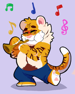 anthro belly bottomwear chibi clothing eyes_closed eyewear glasses male musical_instrument overweight overweight_male pants pink_nose solo lewdookami felid mammal pantherine tiger 2021 hi_res