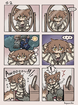 anthro blush bodily_fluids brown_eyes brown_hair clothed clothing crying ellipsis embarrassed exclamation_point fully_clothed fur hair hands_on_ears hoodie howl imagination inside male mirror moon pattern_clothing pattern_topwear sitting solo striped_clothing striped_topwear stripes tan_body tan_fur tears thought_bubble topwear kopeni_ko mythology canid canine mammal mythological_canine mythological_creature werecanid werecanine werecreature werewolf colored comic hi_res