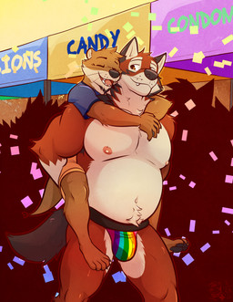 4_toes 5_fingers anthro anthro_on_anthro black_nose bottomwear brown_body brown_fur carrying_another clothing duo feet fingers fur hindpaw humanoid_hands jockstrap lgbt_pride male male/male membrane_(anatomy) navel nipples paws piggyback pride_colors rainbow_jockstrap rainbow_pride_colors red_body red_fur shirt shorts toes topwear underwear webbed_hands ventkazemaru echo_(game) echo_(series) echo_project chase_hunter leo_alvarez canid canine canis mammal mustelid otter red_wolf wolf hi_res