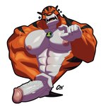 abs anthro barazoku big_muscles big_pecs erection fur genitals gesture hand_gesture holding_penis humanoid_genitalia humanoid_penis looking_at_viewer male muscular muscular_anthro muscular_male nubbed_penis orange_body orange_fur pecs penis pointing pointing_at_viewer simple_background solo striped_body striped_fur stripes vein veiny_penis white_background charcoalwaffle26 ben_10 cartoon_network rath_(ben_10) alien appoplexian felid mammal pantherine tiger 2023 absurd_res half-length_portrait hi_res portrait