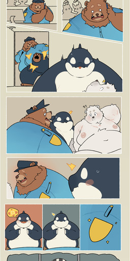 anthro barefoot belly big_belly big_moobs black_body black_eyes black_nose black_pawpads black_skin blue_clothing blue_shirt blue_topwear blush bodily_fluids bottomwear brown_body brown_bottomwear brown_clothing brown_fur brown_nose brown_pants butt cheek_tuft chest_tuft clothed clothing confusion emanata eyes_closed facial_tuft feet fin fur furgonomic_headwear furgonomics grey_bottomwear grey_clothing grey_pants group hair heart_symbol iconography kick male male/male moobs multicolored_body multicolored_clothing multicolored_fur multicolored_skin navel neck_tuft nervous nervous_sweat nine_frame_image nipples nude obese obese_anthro obese_male open_mouth overweight overweight_anthro overweight_male pants pawpads paws police police_badge police_hat police_officer police_uniform prison prison_bars prison_uniform prisoner scared shirt shocked simple_background sitting snout sweat tan_nipples thick_thighs thought_bubble topless topwear trio tuft two_tone_body two_tone_clothing two_tone_fur two_tone_skin uniform white_body white_eyes white_fur white_sclera white_skin worried quanjiang aquatic bear brown_bear cetacean dolphin mammal oceanic_dolphin orca polar_bear scalie toothed_whale ursine 2025 absurd_res colored comic digital_drawing_(artwork) digital_media_(artwork) hi_res