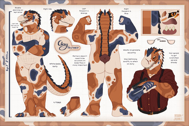 4_toes 5_fingers anthro bald belly biped black_sclera blood blue_body blue_markings blue_scales bodily_fluids chain claws clothing crocodile_tail eyebrow_piercing eyewear facial_piercing feet fingers glasses gold_(metal) gold_chain gold_jewelry gold_piercing gold_ring gun handgun jewelry looking_at_viewer male male_anthro markings mouth_scar multicolored_body muscular muscular_male nude open_mouth orange_body orange_eyes orange_markings piercing pistol plantigrade ranged_weapon red_clothing red_shirt red_tongue red_topwear ring_piercing scales scar sharp_teeth shirt simple_background slightly_chubby solo spots spotted_markings standing stocky suspenders tail tan_body teeth text toes tongue topwear weapon white_body yellow_claws rhaelrhaelrasputin clay_(rhaelrhaelrasputin) dinosaur prehistoric_species reptile saurischian scalie theropod 3:2 absurd_res english_text hi_res model_sheet