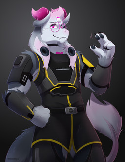 3_eyes 5_fingers anthro armor black_body black_fur choker clothed clothing cosplay ear_piercing eyewear fingers fur glasses hair horn jewelry looking_at_viewer male multi_eye necklace pawpads paws piercing round_glasses simple_background smile solo tail white_body white_fur darkolynx helldivers valkoinen_2.0_(character) american_opossum bovid caprine goat hybrid mammal marsupial digital_media_(artwork) hi_res