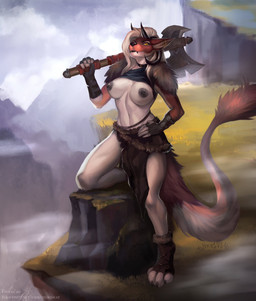 4_toes 5_fingers anthro areola axe barbarian big_breasts breasts clothed clothing exposed_breasts eyebrows eyelashes feet female fingers fur grass horn melee_weapon midriff navel nipples plant pupils raised_clothing raised_shirt raised_topwear rock shirt slit_pupils smile solo tail toes topwear weapon yellow_eyes felicia_cat mythology dragon furred_dragon furred_scalie mythological_creature mythological_scalie scalie 2020 digital_media_(artwork) hi_res