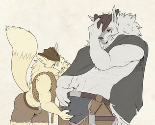abs alternative_fashion anthro arm_tuft belt blue_eyes bottomwear bulge bulge_fondling bulge_grab cheek_tuft claws cloak clothed clothing cowboy cowboy_hat cowboy_outfit duo ears_up erection erection_under_clothing facial_markings facial_tuft fluffy fluffy_tail fur fuzzy grey_body grey_fur half-closed_eyes hand_on_belt hand_on_bulge hand_on_hat hat head_markings headgear headwear leaning leaning_backward leaning_forward long_tail looking_at_another looking_at_partner male male/male markings mask_(marking) muscular muscular_anthro muscular_male narrowed_eyes navel neck_tuft pants pointy_ears poncho prick_ears raised_tail red_eyes rope shorts simple_background size_difference smile smirk standing tail topless touching_bulge tuft weapon_holster white_background yellow_body yellow_fur harukaroto dreamworks puss_in_boots_(franchise) death_(puss_in_boots) haru_(haru_karoto) canid canine canis fox mammal wolf digital_drawing_(artwork) digital_media_(artwork) flat_colors hi_res