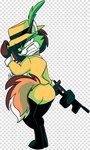 anthro big_butt brown_body brown_fur brown_hair butt clothing female fur green_face gun hair hat headgear headwear looking_at_viewer looking_back looking_back_at_viewer multicolored_body multicolored_fur orange_body orange_fur ranged_weapon rear_view smile solo submachine_gun suit teeth thick_thighs thompson_gun weapon white_body white_fur wide_hips yellow_clothing yellow_suit animatedjames the_mask macy the_mask_(character) canid canine fox mammal