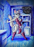 anthro cat_costume clothed clothing costume dialogue diaper diaper_fetish diaper_under_clothing female fur looking_at_viewer night pink_body pink_fur red_clothing red_suit solo suit wearing_diaper pervnamedregazz bagi_the_monster_of_mighty_nature osamu_tezuka bagi felid feline mammal hi_res traditional_media_(artwork)