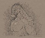 anthro chest_tattoo fangs male mouth_strap no_shirt plant solo spikes tattoo teeth zinthings dislyte lilith_games daylon_(dislyte) crocodile crocodilian reptile scalie