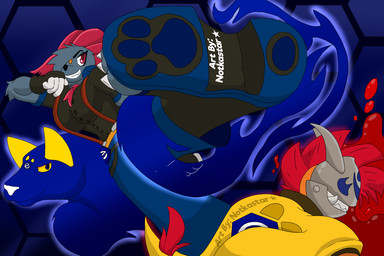 anthro blood bodily_fluids boots bottomwear breasts clothing duo female fighting_pose footprint footwear gloves handwear kick male mascot mask pants pawprint pose shoes smile suspender conditional_dnp notkastar arc_system_works e621 guilty_gear nintendo pokemon esix fang_the_weavile gambit_the_scrafty giovanna_(guilty_gear) nagoriyuki_(guilty_gear) felid generation_4_pokemon generation_5_pokemon mammal pantherine pokemon_(species) scrafty spirit weavile 3:2