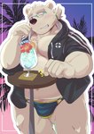 anthro belly bulge clothing eyebrows fur grin male musclegut muscular navel one_eye_closed pecs smile solo speedo sunset swimwear thick_eyebrows tropical_beverage white_body white_fur wink nazebesu_hobby lifewonders tokyo_afterschool_summoners leib_(tas) bear mammal polar_bear ursine absurd_res hi_res