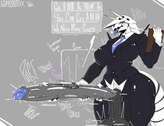accessory anthro big_breasts big_penis breasts clipboard clothing curvy_figure dialogue genitals gynomorph hourglass_figure huge_penis hyper hyper_genitalia hyper_penis intersex long_penis necktie office_clothing penis solo suit tongue tongue_out gayplantsex nintendo pokemon mrs._sterling_(ncrmadness50) aggron generation_3_pokemon pokemon_(species) hi_res