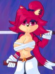 anthro armor belt big_breasts breasts clothed clothing ear_piercing female fur gloves hair handwear long_hair looking_at_viewer melee_weapon piercing red_body red_eyes red_fur red_hair simple_background smile solo standing sword weapon redeye_samurai_(artist) sega sonic_the_hedgehog_(series) asami_the_cat fan_character domestic_cat felid feline felis humanoid mammal digital_media_(artwork) hi_res