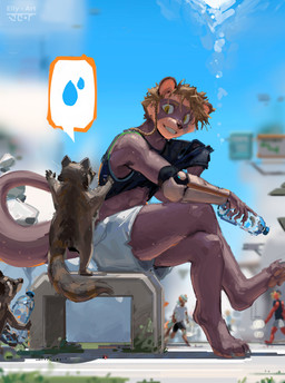 anthro bench biped black_clothing black_shirt black_tank_top black_topwear bottle bottomwear clothed clothed_anthro clothing container crossed_legs day feet feral fur grey_body grey_fur group hair holding_bottle holding_container holding_object looking_at_another mask motion_lines multicolored_body multicolored_fur on_bench on_hind_legs open_mouth open_smile outside quadruped shirt shorts sitting sitting_on_bench sky smile sun tail tan_body tan_fur tank_top text topwear trio two_tone_body two_tone_fur water_bottle white_bottomwear white_clothing white_shorts ellydasta domestic_ferret mammal mustelid musteline procyonid raccoon true_musteline weasel absurd_res artist_name digital_media_(artwork) digital_painting_(artwork) full-length_portrait hi_res painting_(artwork) portrait
