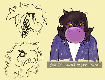 angry annoyed anthro brown_hair clothing dark_hair derp_eyes female hair jacket obscured_eyes purple_body purple_clothing purple_skin sharp_teeth simple_background snout solo teeth text topwear veiny_neck yellow_background yellow_eyes fatz_geronimo deltarune do_you_have_games_on_your_phone undertale_(series) susie_(deltarune) reptile scalie english_text monochrome sketch_page