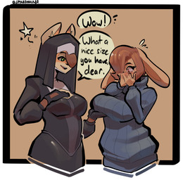 anthro blush border breasts brown_hair cleavage clothed clothing comparing comparing_breasts covering covering_mouth dialogue duo eyelashes female gloves green_eyes habit hair hair_over_eye hand_on_breast handwear holding_breast inner_ear_fluff nun one_eye_obstructed open_mouth red_eyes short_hair simple_background speech_bubble star sweater tan_background text topwear tuft white_border saucymauler brianne_(spikedmauler) roxanne_(spikedmauler) canid canine fox lagomorph leporid mammal rabbit 2020 english_text hi_res signature