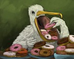 anthro baked_goods bowl container dessert doughnut eating feathers food food_in_mouth full_mouth furniture icing male pastry plate simple_background solo stuffing table what yenocwolf birdtember avian bird pelecaniform pelican 5:4 absurd_res hi_res