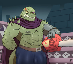 anthro bottomwear bulge cape chainsaw clothed clothing cross-popping_vein detailed_bulge genital_outline green_body male muscular muscular_anthro muscular_male nipples pants pecs penis_outline power_tool prosthetic prosthetic_arm prosthetic_limb solo teeth tools topless wolfybuns disney star_vs._the_forces_of_evil rasticore_(svtfoe) reptile scalie septarian alternate_version_at_source hi_res