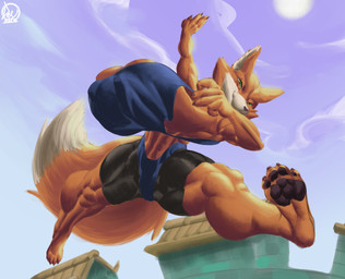 abs anthro big_breasts bouncing_breasts breasts brown_body clothed clothing cloud day female fur green_eyes huge_breasts inner_ear_fluff muscular muscular_anthro muscular_female nipple_outline outside pawpads pupils sky solo sun thick_thighs tuft white_sclera wide_hips deu brutal_paws_of_fury foxy_roxy canid canine fox mammal 2026 absurd_res hi_res