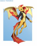 abstract_background anthro blue_eyes clothing female flying hair horn jacket leather leather_clothing leather_jacket leather_topwear looking_at_viewer piercing raised_arm red_hair solo spread_wings tail topwear wing_pattern wings yellow_body conditional_dnp shido-tara equestria_girls hasbro my_little_pony mythology sunset_shimmer_(eg) dragon mythological_creature mythological_scalie scalie hi_res